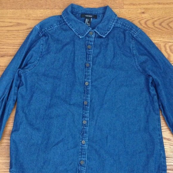 WOMENS S CHAMBRAY DENIM SHIRT LONG SLEEVE 100% COTTON BLUE 37"x 25.5" FOREVER 21 - Picture 12 of 14